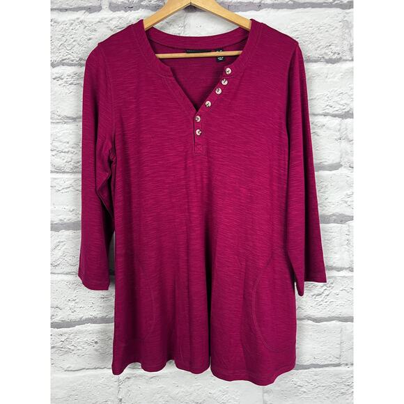 SUSAN GRAVER WEEKEND‎ Women's MP Red Button Neck Casual Knit Pocketed Tunic Top - Picture 2 of 11